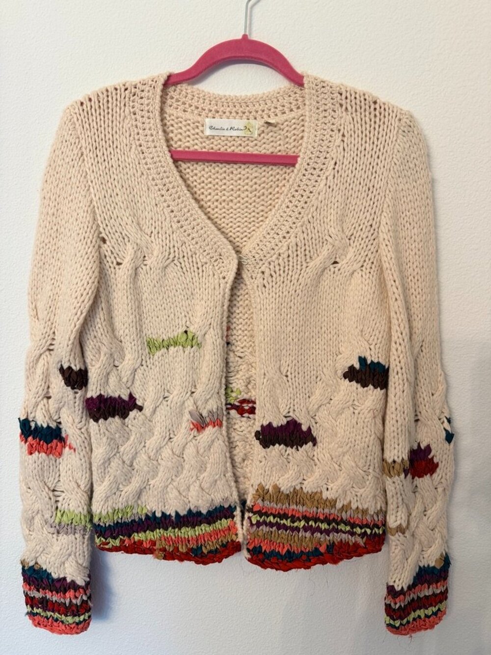 Charlie & Robin Chunky Cable Knit Cardigan Sweater Ivory Multi Anthropologie M